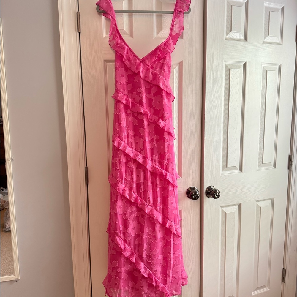 NWT Pink Ruffled Floral Maxi Dress US 16 Bridesmaid Prom Formal